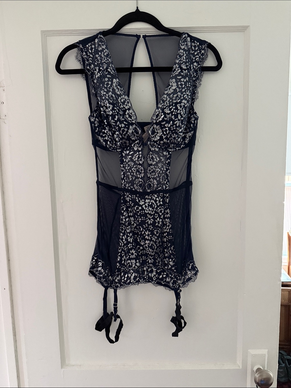 Navy and Silver Sheer Lace Bustier with Garter Straps